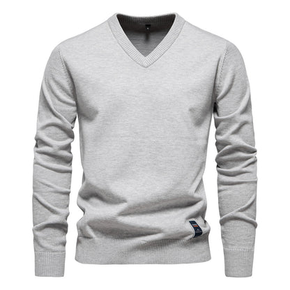 2025 Fall/Winter Men’s Cotton V-Neck Sweater | Trendy Solid Color Knit Pullover