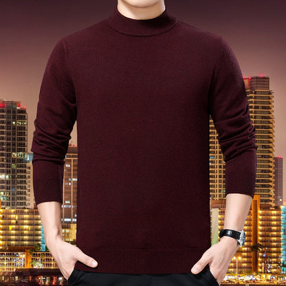 New Semi-Turtleneck Solid Color Sweater – Middle-Aged Men's Warm Stretch Knitwear with Mid-Neck Design