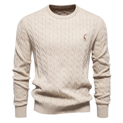 2025 Fall & Winter Men’s Pullover Sweater - High-Quality Solid Color Knit with Deer Embroidery