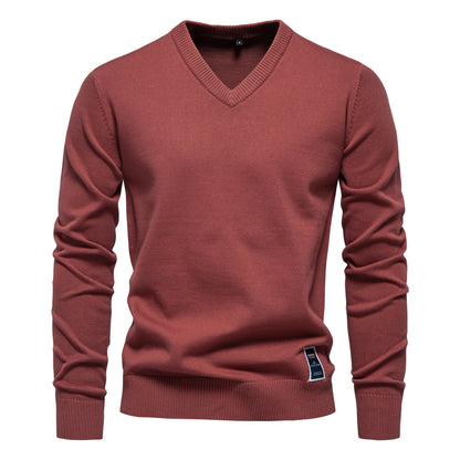 2025 Fall/Winter Men’s Cotton V-Neck Sweater | Trendy Solid Color Knit Pullover