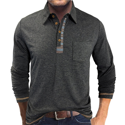 Men's Button-Down Collar Colored Cotton Long Sleeve Polo Casual Fashion Pocket Base Layer Top