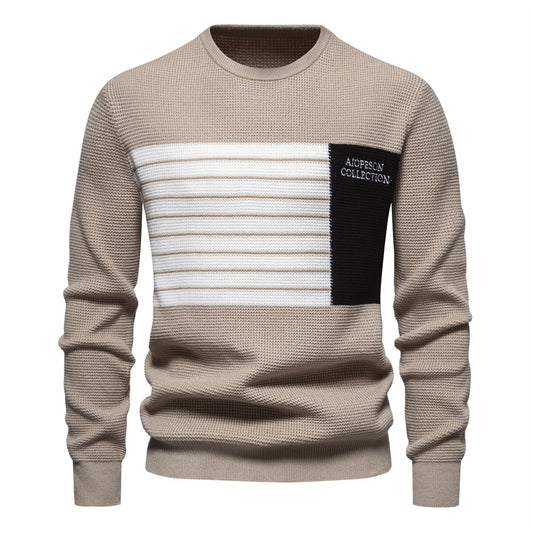 Autumn New Men's Sweater Striped Patch Long-Sleeve Round Neck Trendy Casual Knit