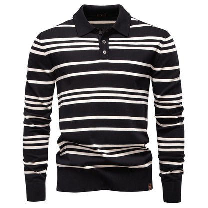 New Turn-Down Collar Striped Polo Knit Sweater for Men