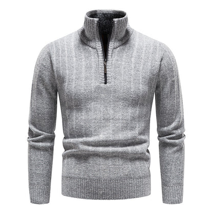 New Men's Stand Collar Pullover Sweater, Business Striped Fleece-Lined Knit Top