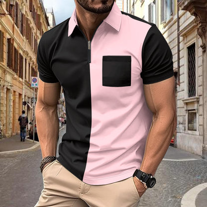 New Men's Casual Polo Shirt Small Twill Self-Fabric Patchwork Turn-Down Collar Button Men's Polo Shirt