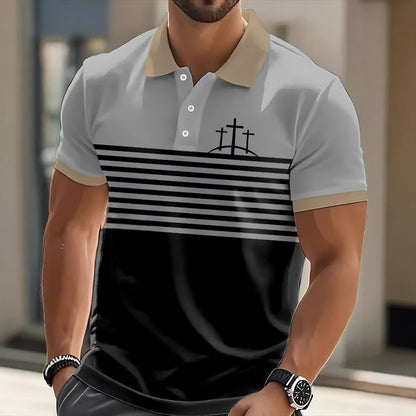 Men's Wear Polo Shirt Summer Fashion Casual Stripe Button Print Men's Short Sleeve Polo Shirt
