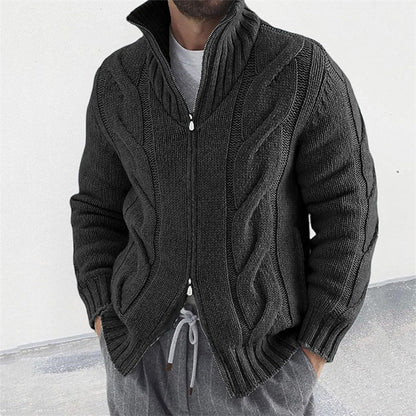 New Men's Solid Color Stand Collar Long-Sleeve Knitted Sweater Fashionable Cardigan