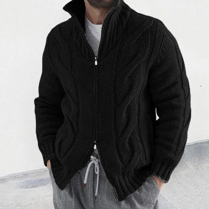 New Men's Solid Color Stand Collar Long-Sleeve Knitted Sweater Fashionable Cardigan