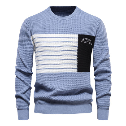 Autumn New Men's Sweater Striped Patch Long-Sleeve Round Neck Trendy Casual Knit