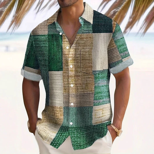 3D Digital Men's Shirt Summer New Casual Versatile Checkered Short Sleeve Sun Protection Top