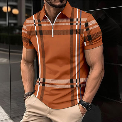 Summer Men's Print Plaid Stripe Polo Shirt Zipper Sport Polo Shirt