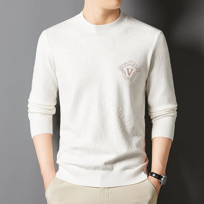 New Knit Sweater Men's Round Neck Jacquard Korean Trendy Long-Sleeve Casual Base Layer Top