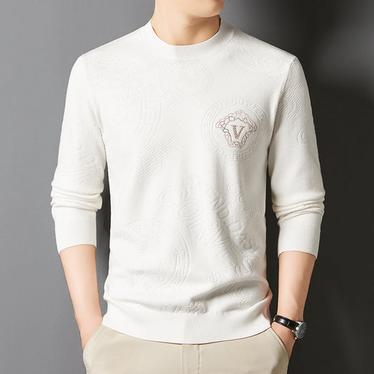 New Knit Sweater Men's Round Neck Jacquard Korean Trendy Long-Sleeve Casual Base Layer Top