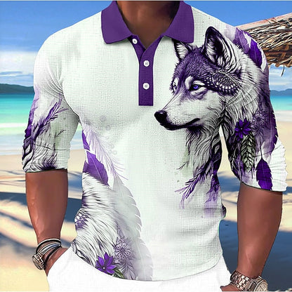 New Autumn Men's Long Sleeve Polo Shirt Animal Print Turn-Down Collar Top