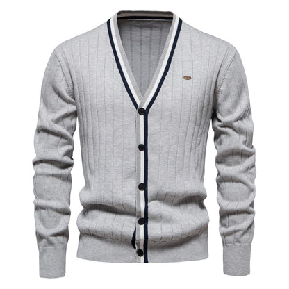 2025 Fall & Winter Men’s V-Neck Cardigan - Trendy Color-Blocked Long Sleeve Knit Sweater
