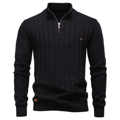 New Striped Jacquard Men’s Semi-Zip Stand Collar Business Sweater