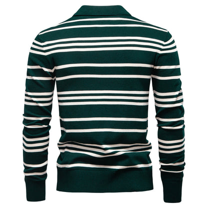 New Turn-Down Collar Striped Polo Knit Sweater for Men