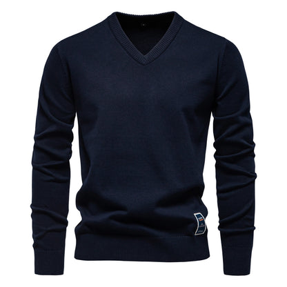 2025 Fall/Winter Men’s Cotton V-Neck Sweater | Trendy Solid Color Knit Pullover