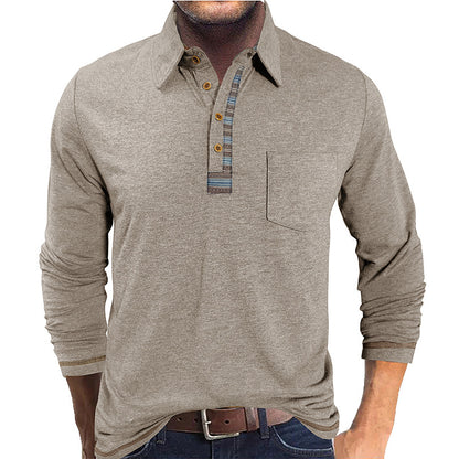 Men's Button-Down Collar Colored Cotton Long Sleeve Polo Casual Fashion Pocket Base Layer Top