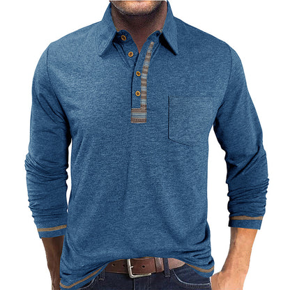Men's Button-Down Collar Colored Cotton Long Sleeve Polo Casual Fashion Pocket Base Layer Top