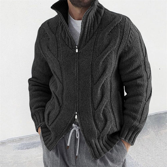 New Men's Solid Color Stand Collar Long-Sleeve Knitted Sweater Fashionable Cardigan