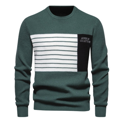 Autumn New Men's Sweater Striped Patch Long-Sleeve Round Neck Trendy Casual Knit