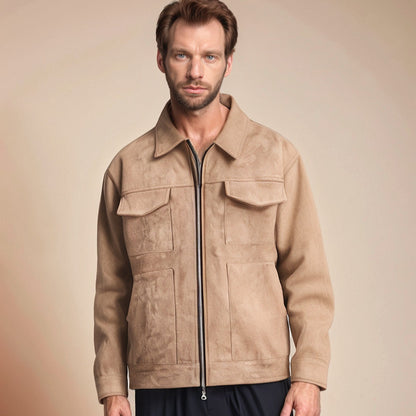 Men's Suede Leather Zip-Up Pocket Lapel Casual Jacket