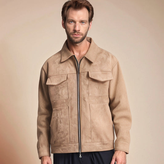 Men's Suede Leather Zip-Up Pocket Lapel Casual Jacket