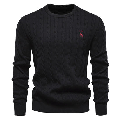2025 Fall & Winter Men’s Pullover Sweater - High-Quality Solid Color Knit with Deer Embroidery