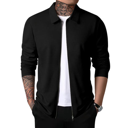 New Men's Zip-Up Waffle Knit Jacket Casual Long-Sleeve Lapel Coat
