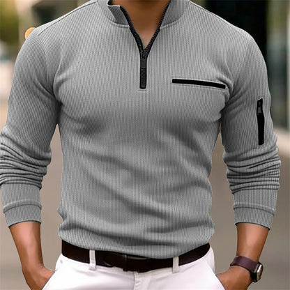 Autumn Polo Shirt Arm Zipper Men's Stripe Long Sleeve Sport Top