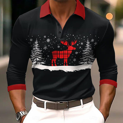 Men's Wear Digital Print Polo Shirt Long Sleeve Light Mature Casual Turn-Down Collar Slim Fit Spring Autumn Top