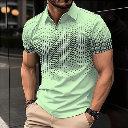 Men's Wear New Independent Site Supply Casual Color-Block Polo Zipper Turn-Down Collar Shirt Short Sleeve