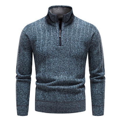 New Men's Stand Collar Pullover Sweater, Business Striped Fleece-Lined Knit Top