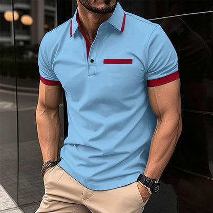 Summer Men's New Casual Turn-Down Collar Chest Fake Pocket Button Color-Block Casual Polo Shirt