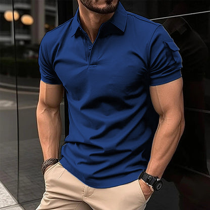 Summer Men's Turn-Down Collar Button Polo Shirt Arm Pocket Sport Polo Shirt