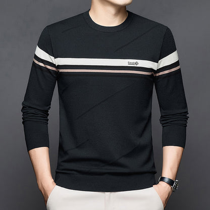 Men’s Casual Color-Block Stripe Knit Sweater – Loose Fit Base Layer