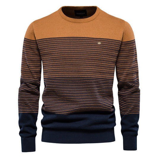 Retro Long-Sleeve Trendy Men's Sweater Slim Round Neck Striped Knit Fashion Top