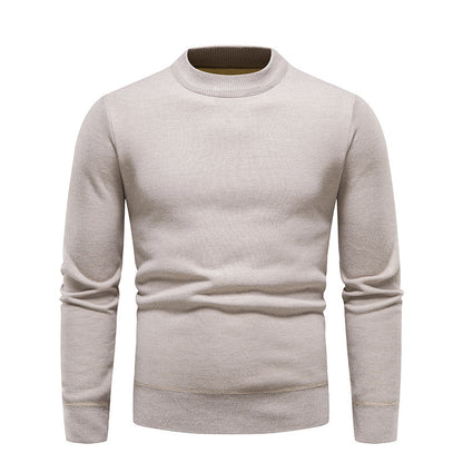 Solid Color Round Neck Fleece-Lined Knit Sweater Men's Long-Sleeve Base Layer T-Shirt