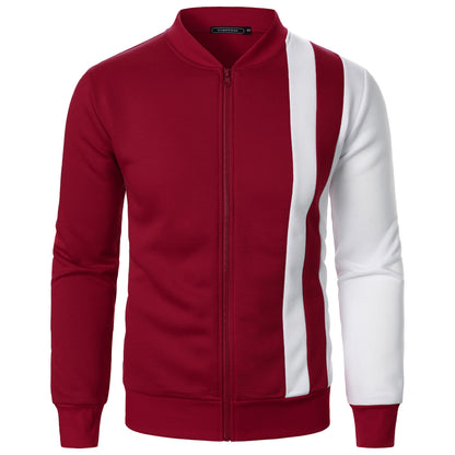 Men's New Zip-Up Stand Collar Color-Block Hoodie Casual Open-Front Jacket
