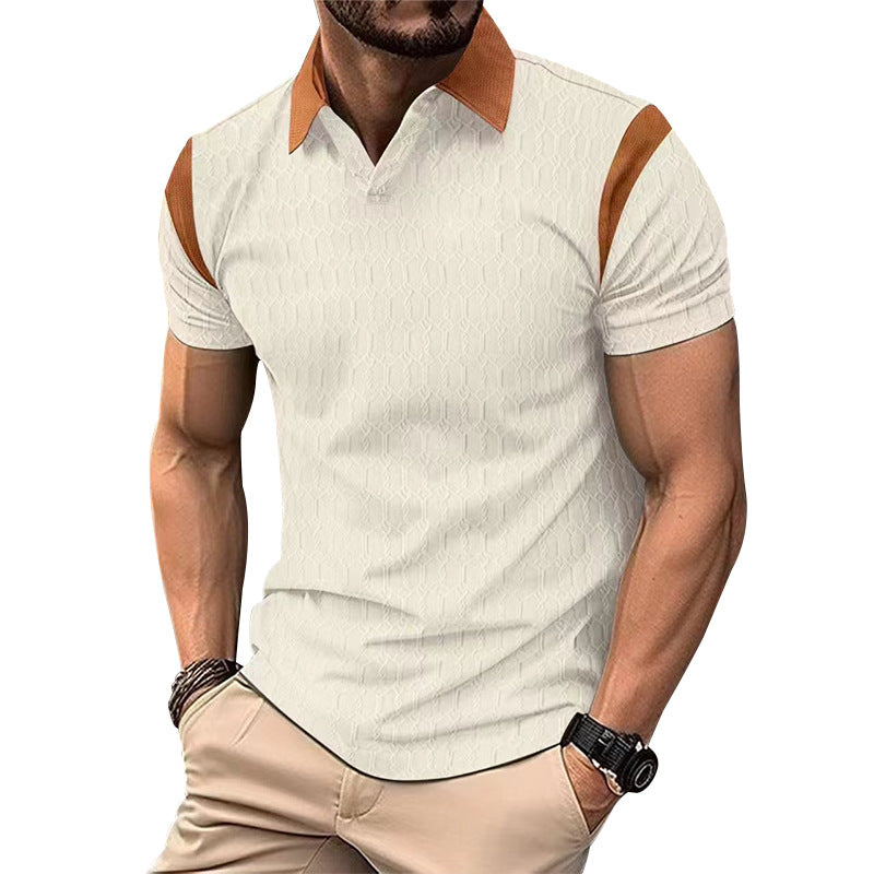 Summer New Slim Fit Polo Shirt Men Waffle Knit Jacquard Color-Block Turn-Down Collar Men's Wear Short Sleeve