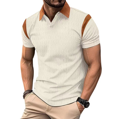 Summer New Slim Fit Polo Shirt Men Waffle Knit Jacquard Color-Block Turn-Down Collar Men's Wear Short Sleeve