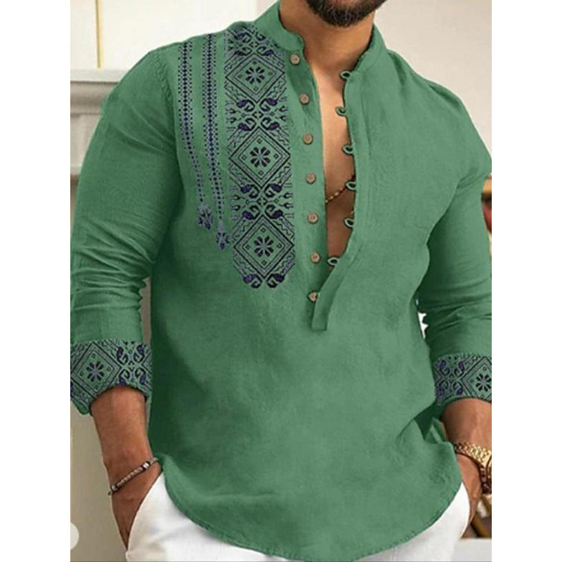 New Ethnic Pattern Half-Button Men's Shirt Bohemian Style