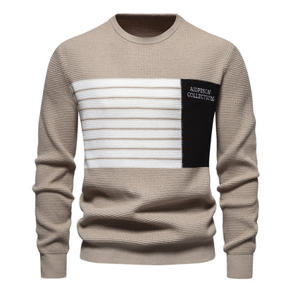 Autumn New Men's Sweater Striped Patch Long-Sleeve Round Neck Trendy Casual Knit