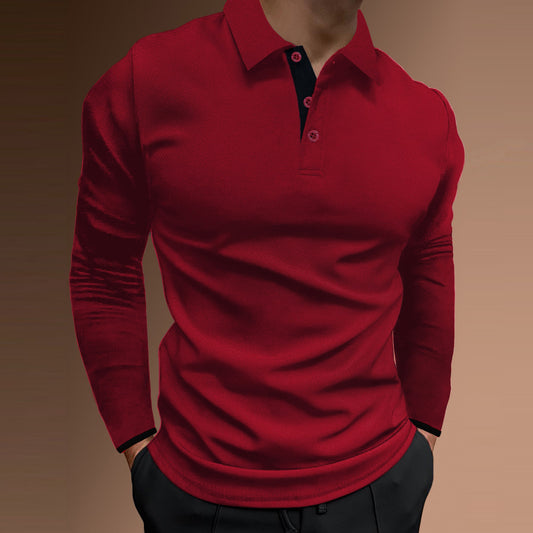 European Size Men's Autumn Sport Fitness Casual Stand Collar Elastic Stripe Long Sleeve Polo