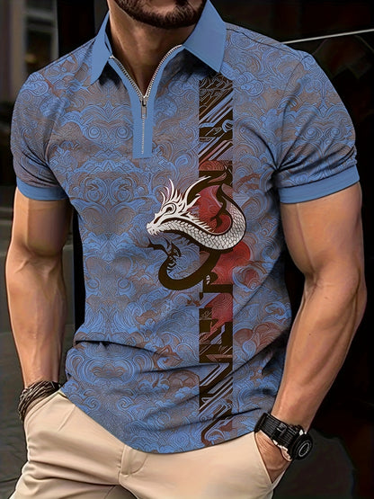 Men's Summer Hot Seller Dragon Pattern 3D Print Gradient Casual Business Zipper Short Sleeve Golf Polo Shirt