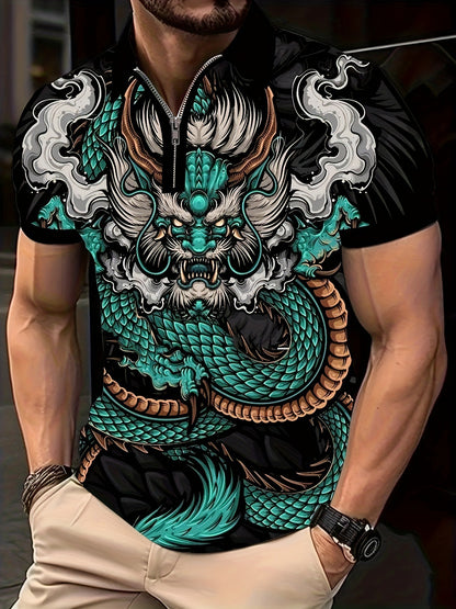 Men's Summer Hot Seller Dragon Pattern 3D Print Gradient Casual Business Zipper Short Sleeve Golf Polo Shirt