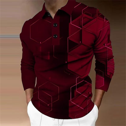 New New Trendy Casual Geometric Pattern Men's Long Sleeve Turn-Down Collar Polo Shirt