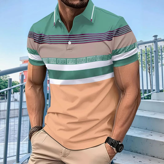 New Men's Wear 3D Digital Stripe Print Casual Men's Button Simple Business Polo Shirt
