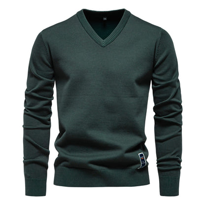 2025 Fall/Winter Men’s Cotton V-Neck Sweater | Trendy Solid Color Knit Pullover